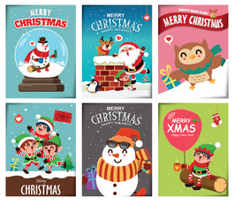 Vintage Christmas poster design with vector snowman, reindeer, owl, penguin, Santa Claus, elf, characters.