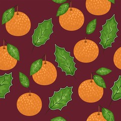 Mandarin seamless pattern. Vector tangerine. Hand drawn fresh tropical citrus fruit. Multicolored sketch background. Colorful doodle wallpaper. pattern of Mandarin, cranberry, leaves.