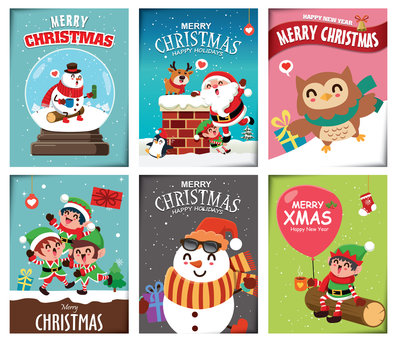 Vintage Christmas poster design with vector snowman, reindeer, owl, penguin, Santa Claus, elf, characters.