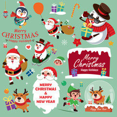 Vintage Christmas poster design with vector snowman, reindeer, penguin, Santa Claus, elf, characters.