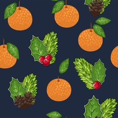 Mandarin seamless pattern. Vector tangerine. Hand drawn fresh tropical citrus fruit. Multicolored sketch background. Colorful doodle wallpaper. pattern of Mandarin, cranberry, leaves, cones