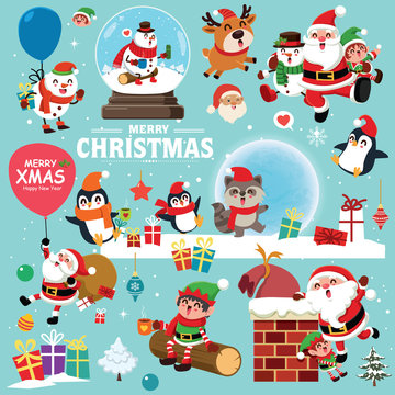 Vintage Christmas poster design with vector snowman, reindeer, penguin, Santa Claus, elf, raccoon characters.