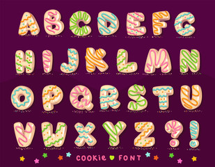 Sweet cookie font. Vector letters baking in colored glaze set