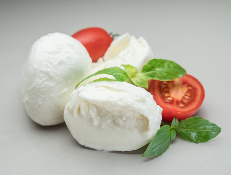 Traditional Italian mozzarella cheese with herbs and tomatoes on gray background.