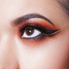Amazing Bright eye makeup with a spectacular arrow. Brown and gold tones, colored eyeshadow - obrazy, fototapety, plakaty