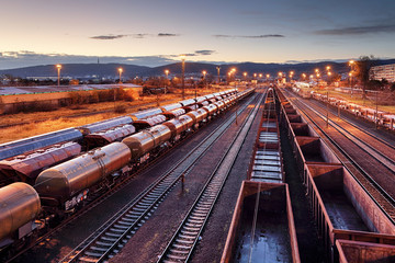 Obraz na płótnie Canvas Cargo train platform at sunset with container