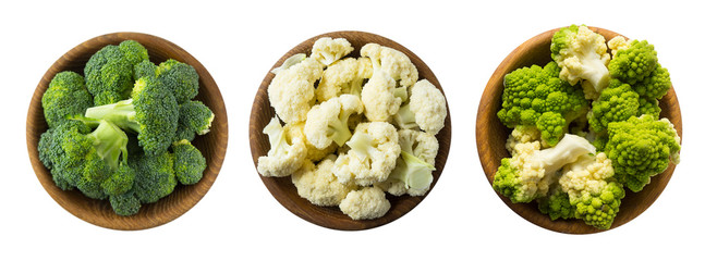 Broccoli, cauliflower and roman cauliflower in wooden bowl isolated on a white background. Vegetables with copy space for text. Three bowls of cabbage on a white background. Set of cabbage. Top view. 