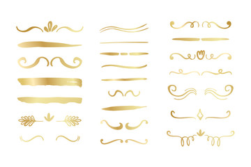 Hand drawn golden gradient borders, brackets, swirls, dividers set. Vector ink brush elements.
