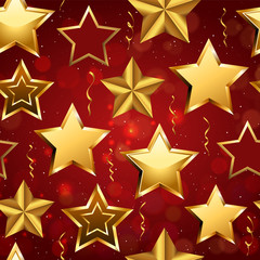 Shiny Seamless pattern of realistic golden 3D stars and confetti isolated on red backdrop.