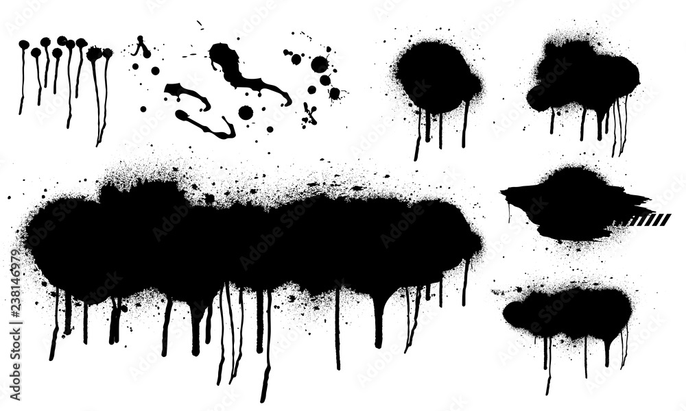 Poster spray graffiti stencil template. isolated collection. black splashes isolated on transparent backgro