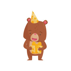 Adorable brown bear holding preset in paws. Humanized forest animal. Flat vector element for Birthday postcard