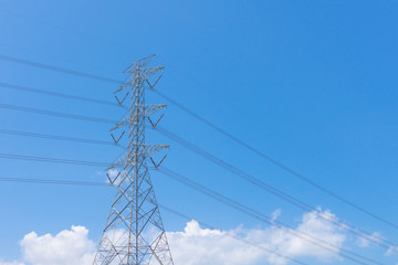 Fototapeta premium Electricity concept. Close up high voltage power lines station.