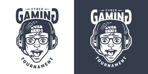 Happy young gamer in headset emblem © DGIM studio