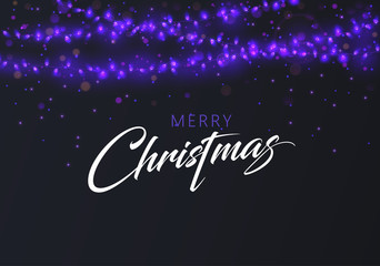 Merry Christmas greeting card with purple decorative lanterns.