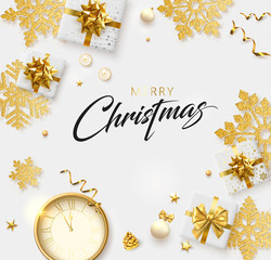 Fototapeta na wymiar Merry Christmas greeting card with clock, gifts and golden snowflakes.
