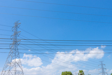Electricity concept. Close up high voltage power lines station.