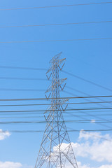 Electricity concept. Close up high voltage power lines station.