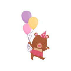 Fototapeta premium Happy girl bear in pink skirt and party hat, holding colorful balloons. Humanized animal. Flat vector for Birthday postcard