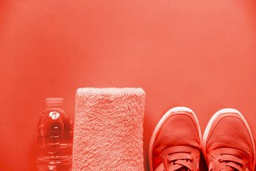 Sport equipment sneakers, water, towel on bright background.