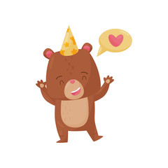 Happy little bear standing with paws up, speech bubble with pink heart. Humanized animal in party hat. Flat vector icon