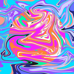 Abstract psychedelic marble art with acid bright pink, orange, blue and green colors. Memphis style