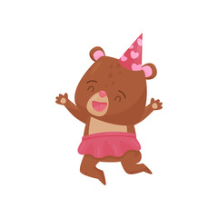Funny girl bear in jumping action. Happy humanized animal in party hat and pink skirt. Flat vector icon