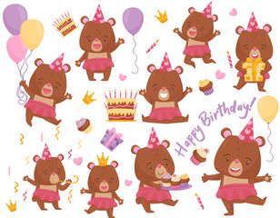 Fototapeta premium Set of happy girl bear in different actions. Adorable humanized animal. Flat vector elements for Birthday postcard