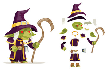 Evil goblin mage sorcerer warlock wiseman minion dungeon monster fantasy medieval action RPG game character layered animation ready character vector illustration - obrazy, fototapety, plakaty