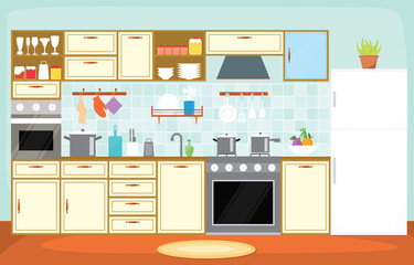 Kitchen Interior Furniture Cutlery Tableware Cooking Flat Illustration