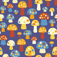 Vector mushrooms seamless pattern brown blue yellow beige background. Perfect for the kids market - use on fabric, scrapbooking and wallpaper projects
