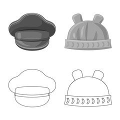 Vector illustration of headgear and cap sign. Set of headgear and accessory stock symbol for web.