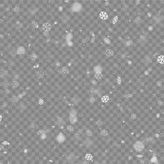 Winter pattern with white snowflakes on transparent backdrop for seasonal, Christmas and New Year decoration.