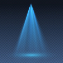 Blue projector effect isolated on transparent background. Vector glow stage light ray or bright scene spotlight beam template. © Kindlena