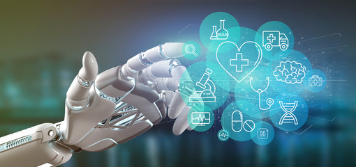 Cyborg hand holding a Medical icon and connection 3d rendering - obrazy, fototapety, plakaty