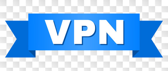 VPN text on a ribbon. Designed with white title and blue tape. Vector banner with VPN tag on a transparent background.
