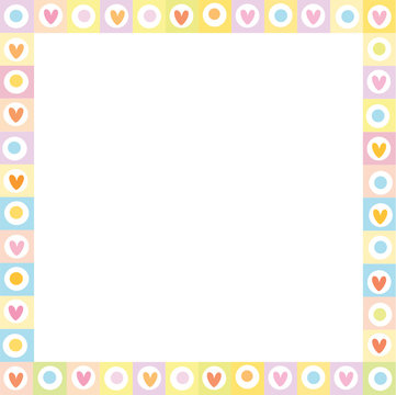 Cute vector square love border made of hand drawn hearts in pastel colors.