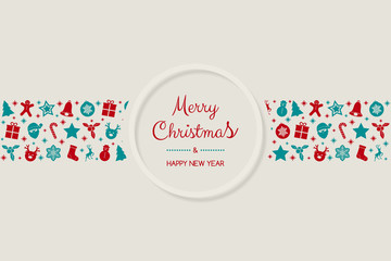 Design of Christmas postcard with wishes and hand drawn ornaments. Vector.