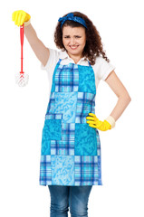Young housewife with yellow gloves and toilet brush, isolated on white background