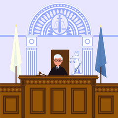 Judical court interior. The judge is sitting in the courtroom. 