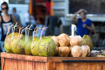 Coconut with fresh coconut water on sell on a street of Havana city, Cuba.