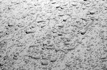 Water drops on car surface in black and white.