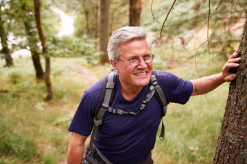 Middle aged Caucasian man taking a break during a hike, leaning on a tree in a forest, waist up