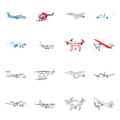 Vector design of plane and transport icon. Set of plane and sky vector icon for stock.