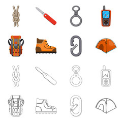 Vector illustration of mountaineering and peak sign. Set of mountaineering and camp stock vector illustration.
