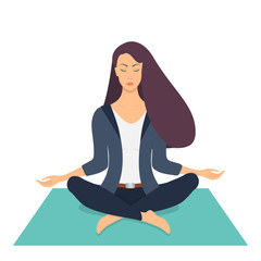 Young woman making meditation in lotus pose with closed eyes. Beautiful girl relaxes, practicing yoga on the mat. Vector flat illustration.