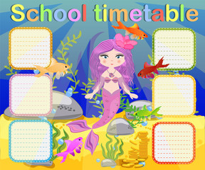 Timetable with days of weeks for school. schedule for children with cartoon mermaid and turtle.
