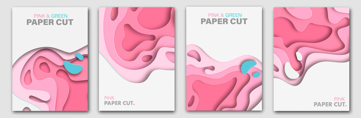 Set banner templates with paper cut shapes. Bright modern abstract design. Purple. Vector Illustration.Pink and green. Trend color