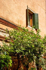 view of the facade of the wall of an old house and a window