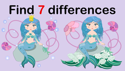 Find the difference the two illustration with sea mermaid. Children funny riddle entertainment.
