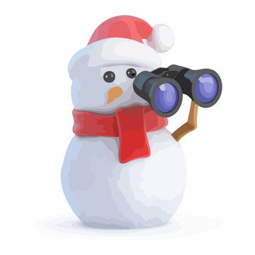 3d Snowman looks through binoculars